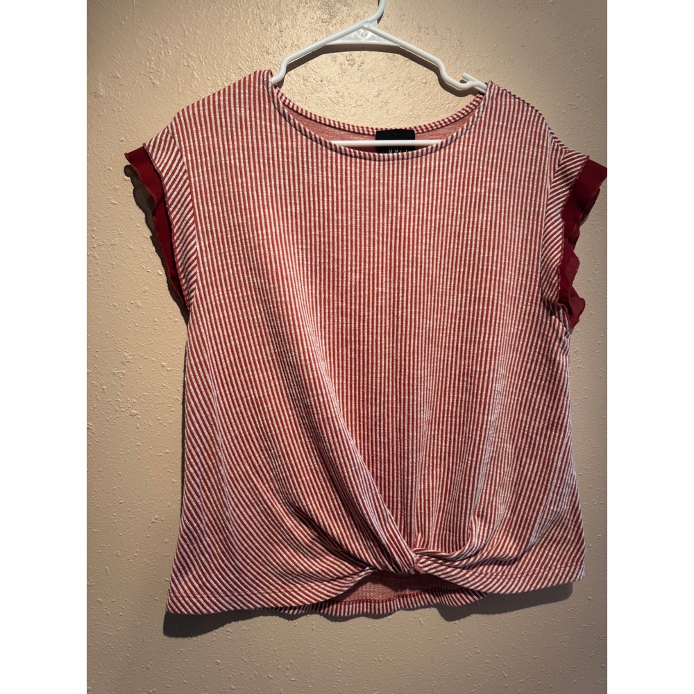 W5 Red White Striped Twist Front Ruffle Mesh Sleeve Top Medium Made in USA - Picture 2 of 5